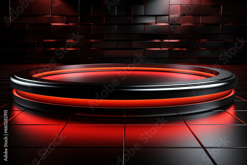 Ai Generated photo red light round podium and black background for mock up realistic image