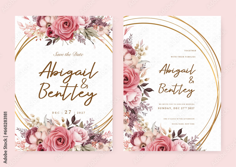 Pink rose and poppy artistic wedding invitation card template set with flower decorations