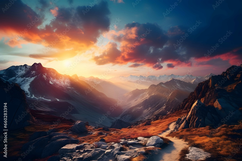 Majestic mountain range at sunset, casting vibrant hues across the horizon. Generative Ai.No.04