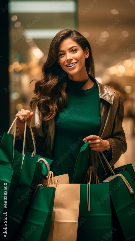 Stylish confident brunette woman with long hair leaving boutique with green and kraft bags after shopping, smiling at camera, sincere smile