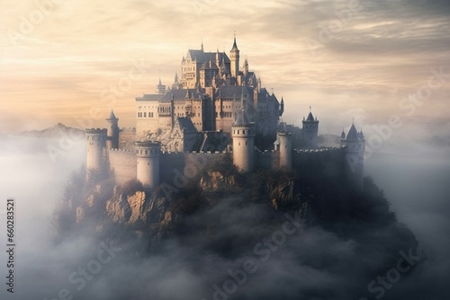 Majestic fortress engulfed in misty serenity. Generative AI