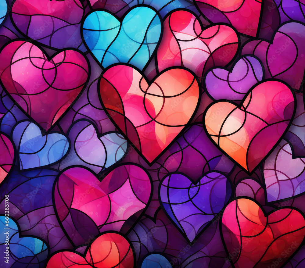 Valentines Day stained glass card. Colorful hearts design
