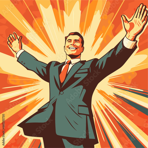 Happy and excited young businessman celebrating victory, expressing success, strength, energy and positive emotions. Hand drawn illustration vector design