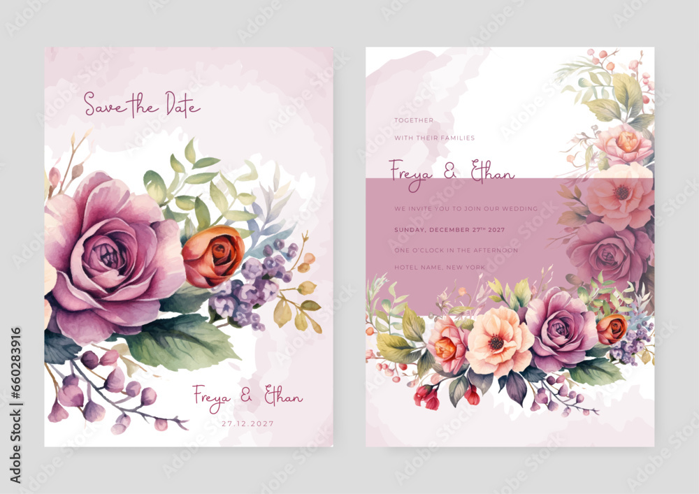 Red and purple violet rose luxury wedding invitation with golden line art flower and botanical leaves, shapes, watercolor