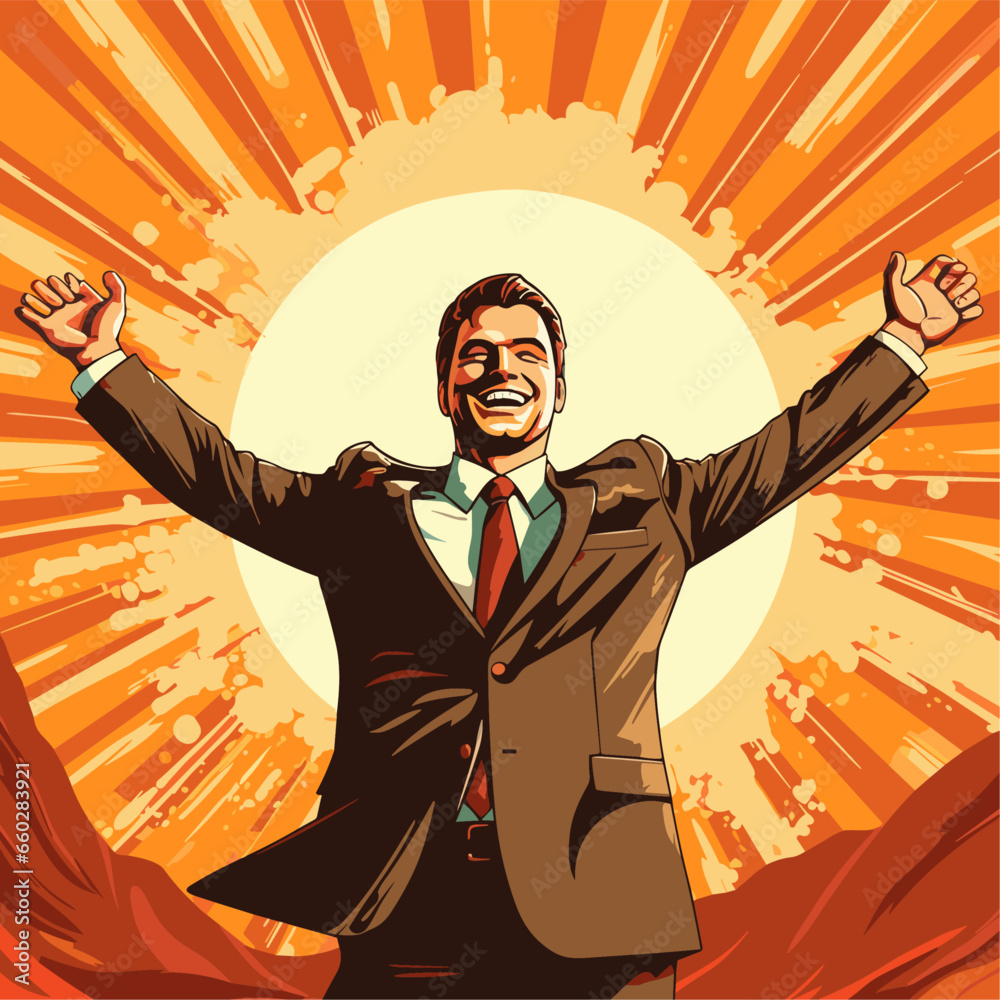 Happy and excited young businessman celebrating victory, expressing success, strength, energy and positive emotions. Hand drawn illustration vector design Happy and excited young businessman celebrating victory, expressing success, strength, energy and positive emotions. Hand drawn illustration vector design