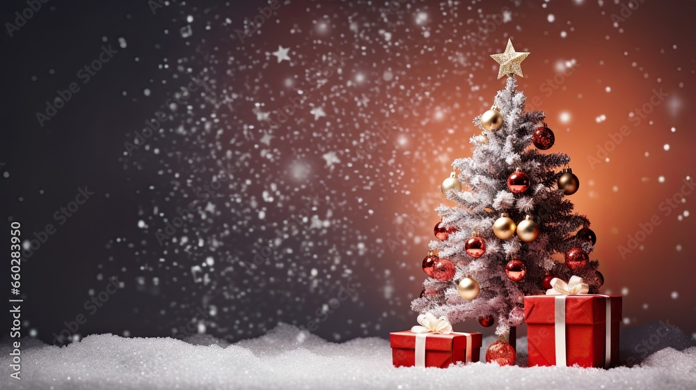 Luxury fir tree with some snowflakes and red gift box on the glitter background AI Generative Luxury fir tree with some snowflakes and red gift box on the glitter background AI Generative