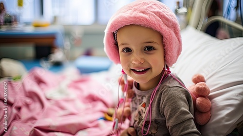 Retrato de un niño con cáncer en una habitación de hospital photo