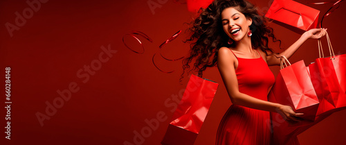 Excited stylish brunette woman on red background smiling jump happiness, presenting new shopping bags bought on black friday sale, copy space