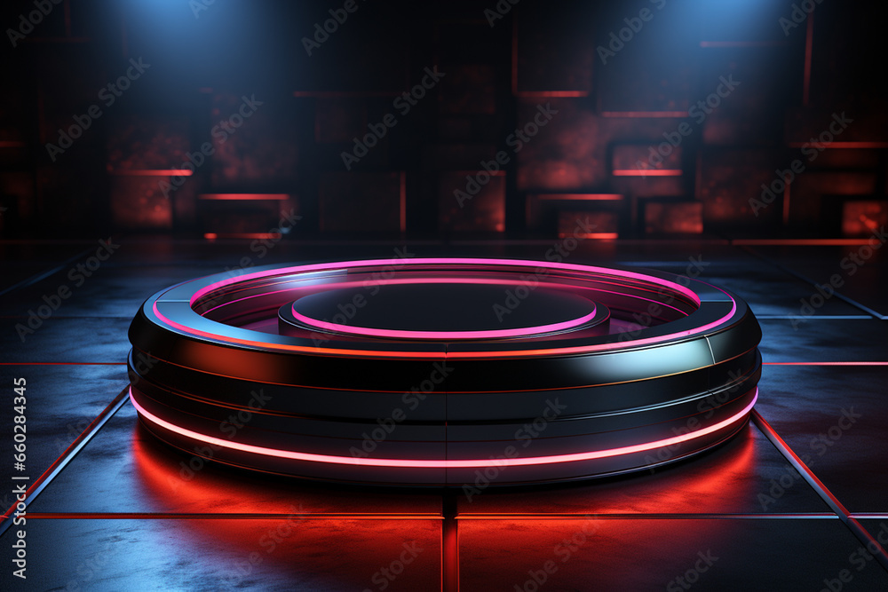 Ai Generated photo red light round podium and black background for mock up realistic image