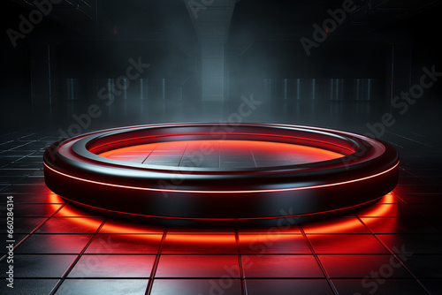 Ai Generated photo red light round podium and black background for mock up realistic image