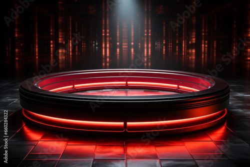 Ai Generated photo red light round podium and black background for mock up realistic image