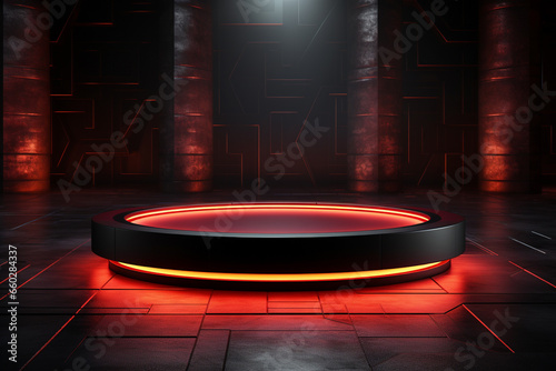 Ai Generated photo red light round podium and black background for mock up realistic image