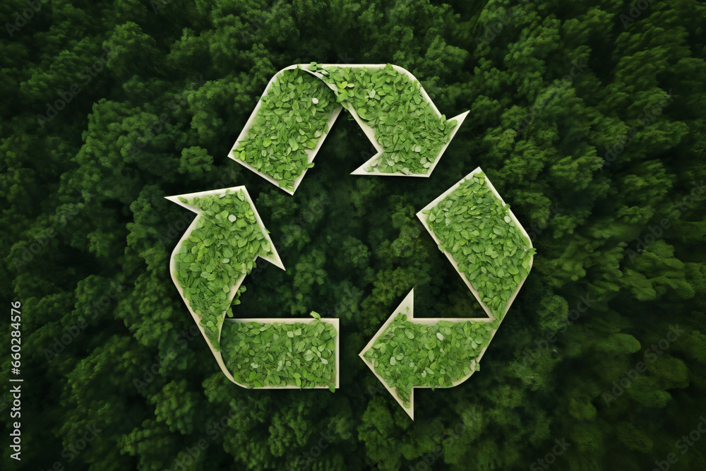 recycling waste concept. recycling sig green grass in the forest. Idea