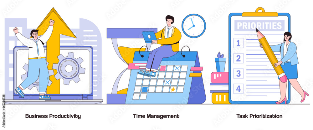Business productivity, time management, task prioritization concept with character. Productivity optimization abstract vector illustration set. Efficiency hacks, workflow management metaphor
