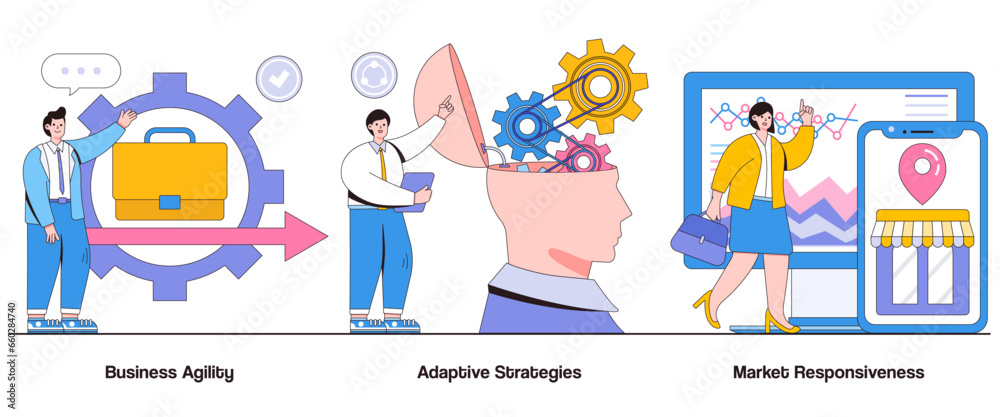 Business agility, adaptive strategies, market responsiveness concept with character. Agile business abstract vector illustration set. Flexibility, rapid decision-making, market adaptation metaphor