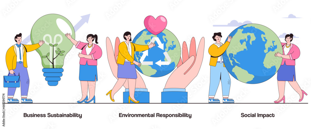 Business sustainability, environmental responsibility, social impact concept with character. Sustainable business practices abstract vector illustration set. Eco-friendly initiatives metaphor Business sustainability, environmental responsibility, social impact concept with character. Sustainable business practices abstract vector illustration set. Eco-friendly initiatives metaphor