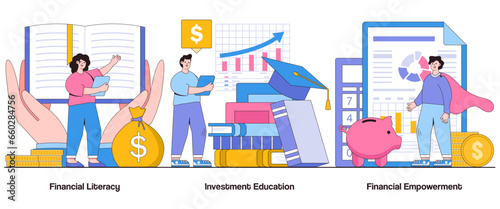 Financial literacy, investment education, financial empowerment concept with character. Financial education abstract vector illustration set. Budgeting skills, investment knowledge metaphor