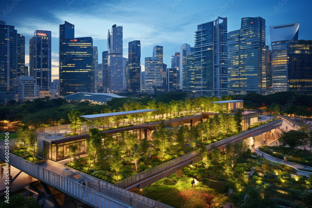 The Sustainable Metropolis: A City's Commercial Hub at Twilight, Each Building a Glowing Beacon of Sustainability with Lush Green Roofs