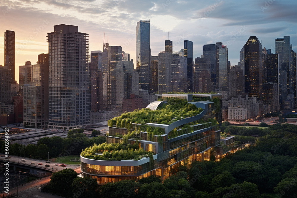 Fototapeta premium The Sustainable Metropolis: A City's Commercial Hub at Twilight, Each Building a Glowing Beacon of Sustainability with Lush Green Roofs