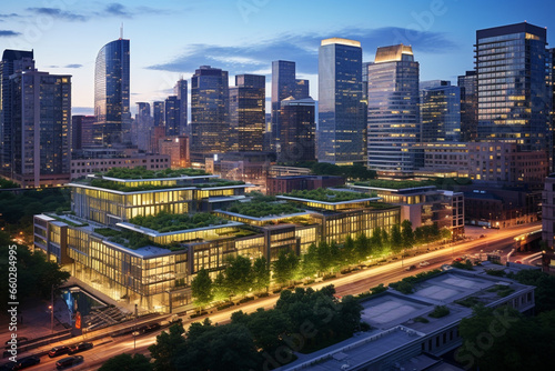 The Sustainable Metropolis  A City s Commercial Hub at Twilight  Each Building a Glowing Beacon of Sustainability with Lush Green Roofs