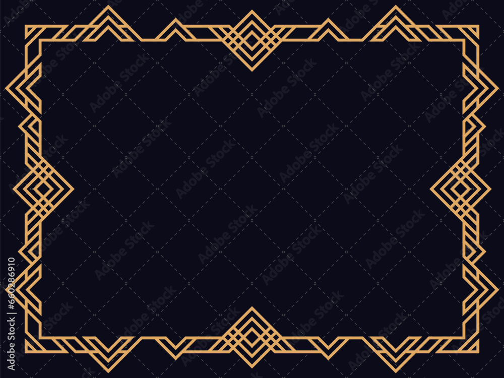 Golden frame in line art style. Vintage style linear border. Art deco