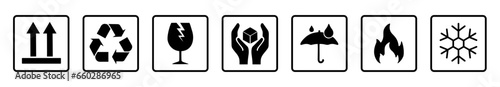 Common packaging & warning symbol set. Black & white flat style icons with frame & outline. Isolated on transparent. Fragile, recycle, Handle with care, This side up, Indoor use only, falling snow.