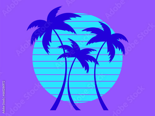 Retro futuristic palm trees in 80s style at sunset. Summer time, palm trees on the background of the sun, synthwave style. Design for advertising brochures and banners. vector illustration