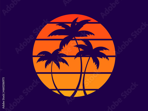 Tropical palm trees at sunset in a futuristic 80s style. Summer time  silhouettes of palm trees in synthwave and retrowave style. Design of advertising booklets and banners. vector illustration