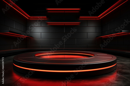 Ai Generated photo red light round podium and black background for mock up realistic image