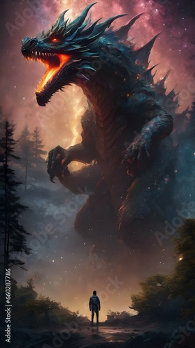 A small person faces a huge monster or dragon in the forest.