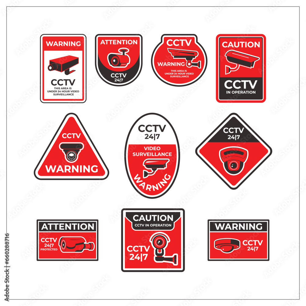 A set of CCTV warning signs on a white background, including rectangular, square, and circular signs. The signs are all yellow and black, and they all say A set of CCTV warning signs on a white background, including rectangular, square, and circular signs. The signs are all yellow and black, and they all say