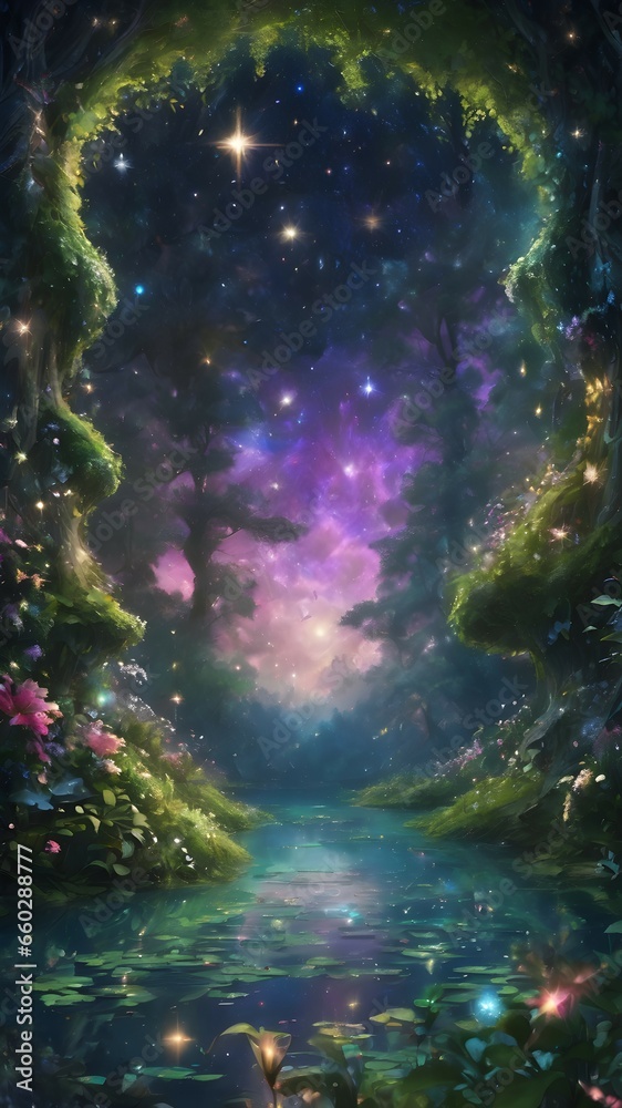 sky with stars and  night landscape tree 
