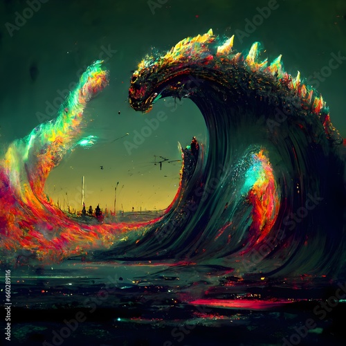 A giant wave dragon lore neon fire Hypnotic Psychedelic coldpop fusionpunk whimsyfunk  photo