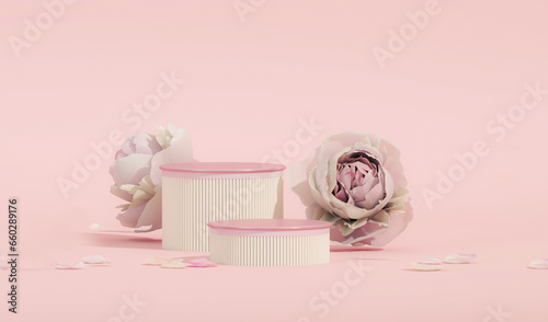 3D podium display, pastel pink background with rose flowers. Peonies flower and palm leaf shadow. Minimal pedestal for beauty, cosmetic product. Valentine, feminine copy space template 3d render	
