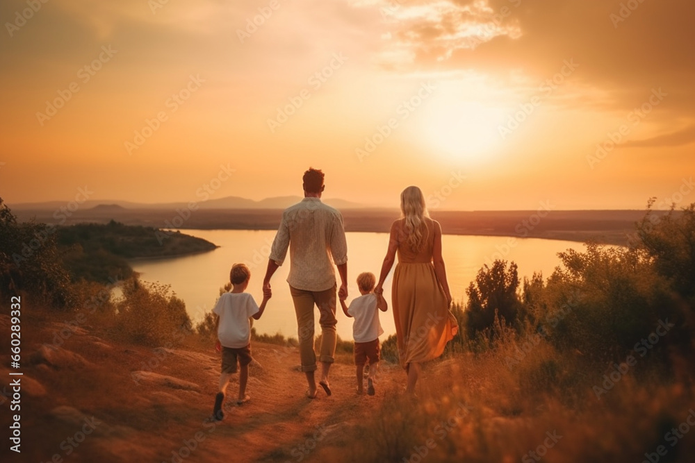 Happy family in the nature together on the evening sunset, Panoramic view, Concept of the vacation and relationship, rear view