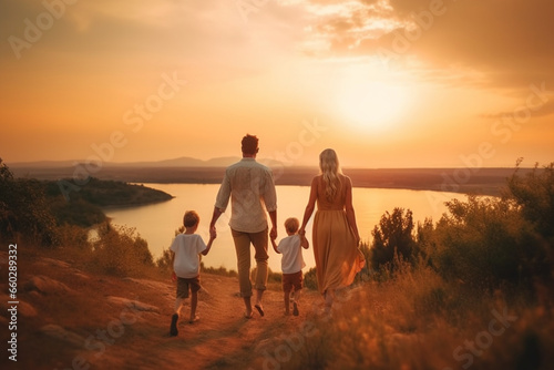 Happy family in the nature together on the evening sunset, Panoramic view, Concept of the vacation and relationship, rear view © alisaaa