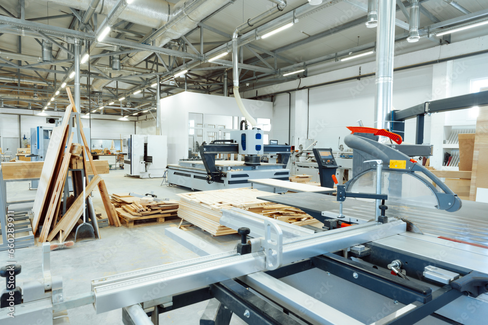 Naklejka premium Interior of large workshop of contemporary furniture factory