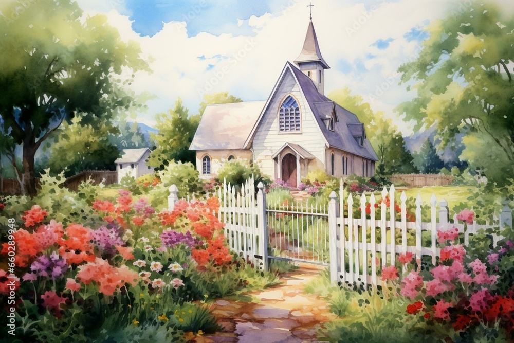 Summer watercolor of chapel hidden by flower fence. Generative AI