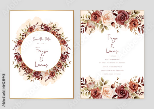 Red brown and beige rose beautiful wedding invitation card template set with flowers and floral