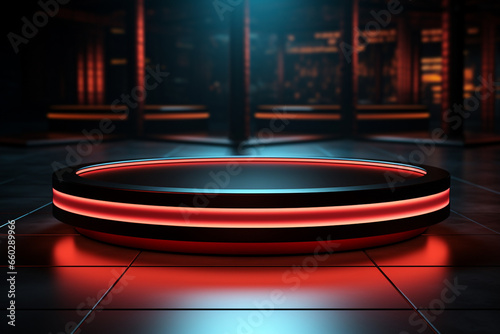 Ai Generated photo red light round podium and black background for mock up realistic image