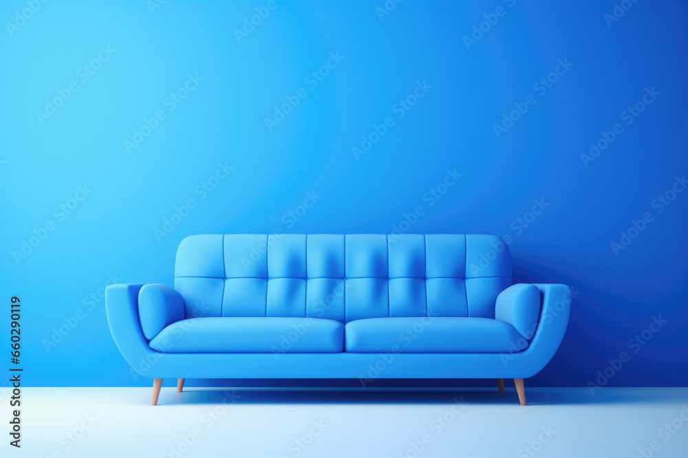 Picture of blue couch placed against blue wall. This image can be used to showcase modern interior design or as background for furniture advertisements. Picture of blue couch placed against blue wall. This image can be used to showcase modern interior design or as background for furniture advertisements.
