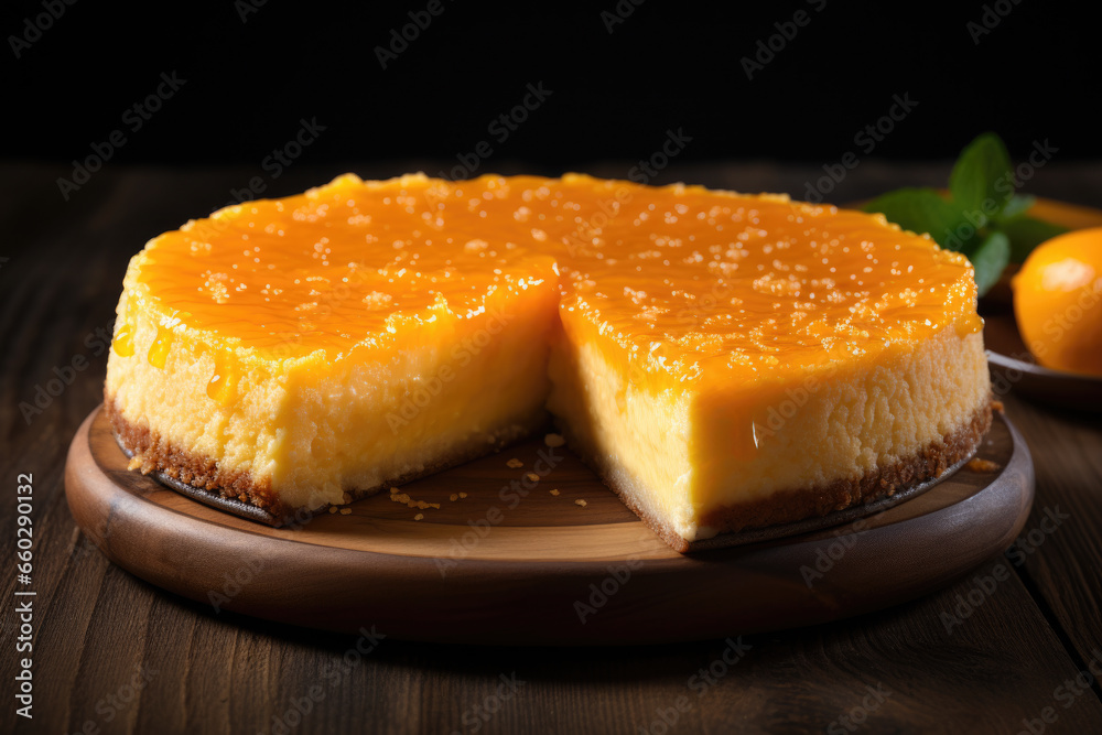 Delicious cheesecake with slice taken out. Perfect for dessert lovers and food enthusiasts. Delicious cheesecake with slice taken out. Perfect for dessert lovers and food enthusiasts.
