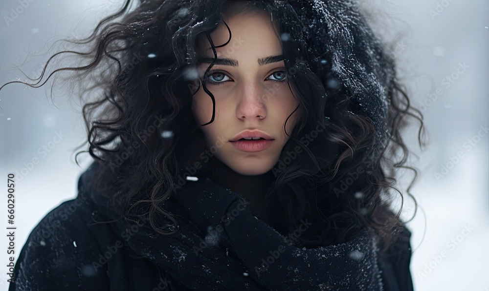 Photo of a woman with curly hair and a black coat in the snow