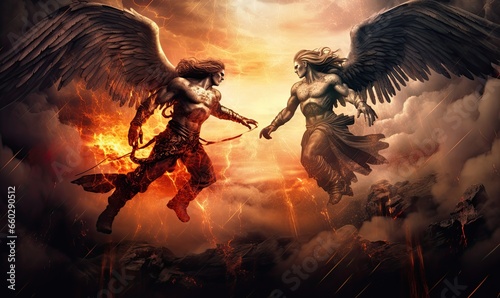 Foto Photo of an intense battle between angels and a demon