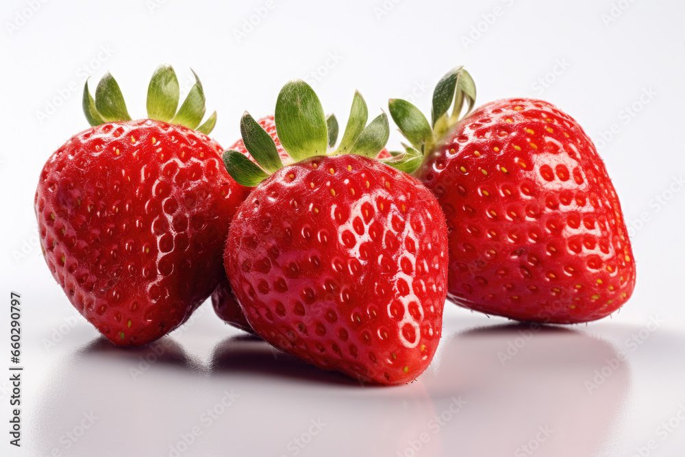 Three ripe strawberries sitting on white surface. Perfect for food and nutrition related projects. Three ripe strawberries sitting on white surface. Perfect for food and nutrition related projects.