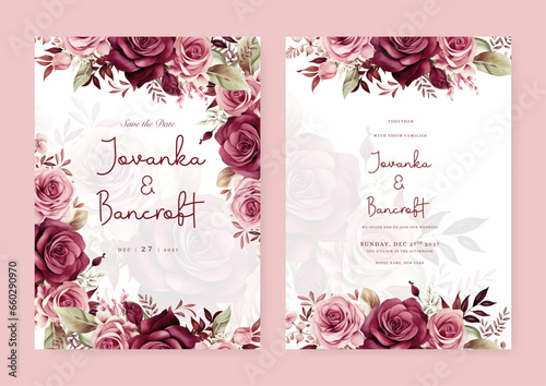 Pink and red rose set of wedding invitation template with shapes and flower floral border