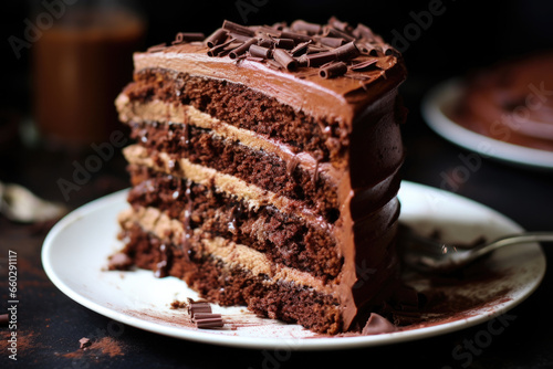 Delicious slice of chocolate cake on plate. Perfect for dessert or special occasions.