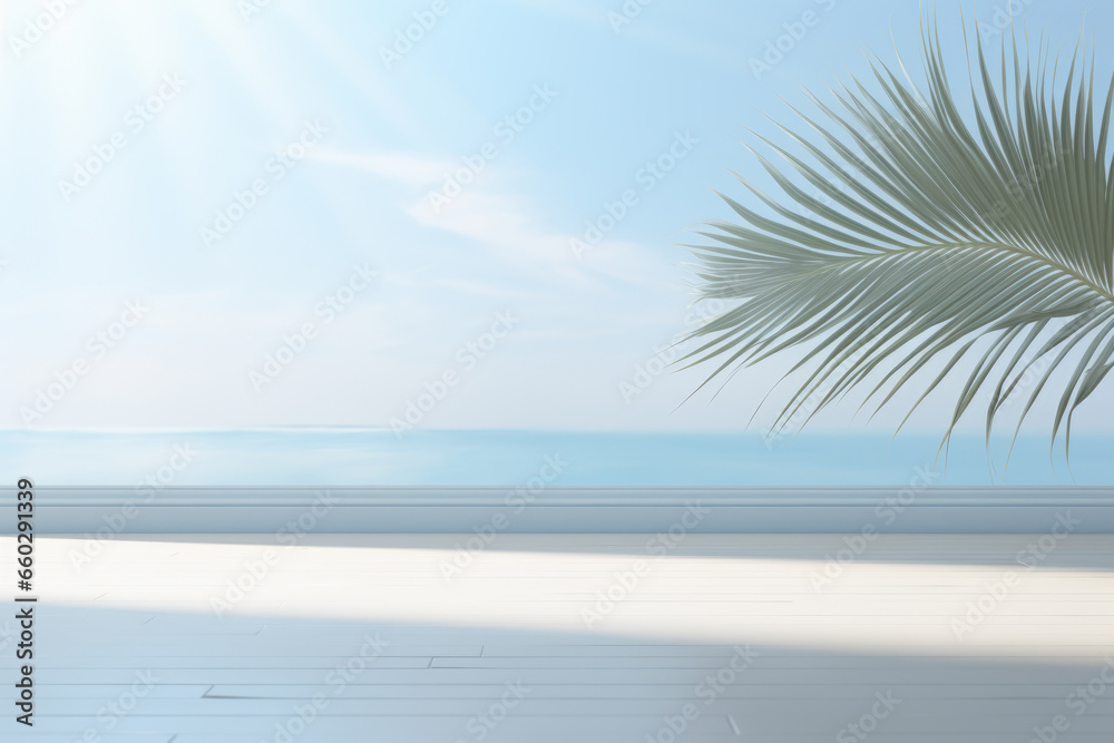 Serene image of palm tree standing tall on beautiful beach, with ocean in background. Perfect for tropical vacation destinations and travel brochures.