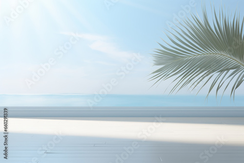 Serene image of palm tree standing tall on beautiful beach, with ocean in background. Perfect for tropical vacation destinations and travel brochures.