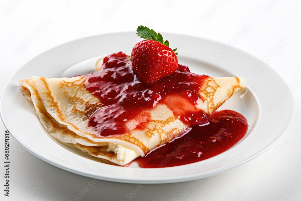 Delicious serving of crepes with fresh strawberry on top. Perfect for breakfast or dessert.